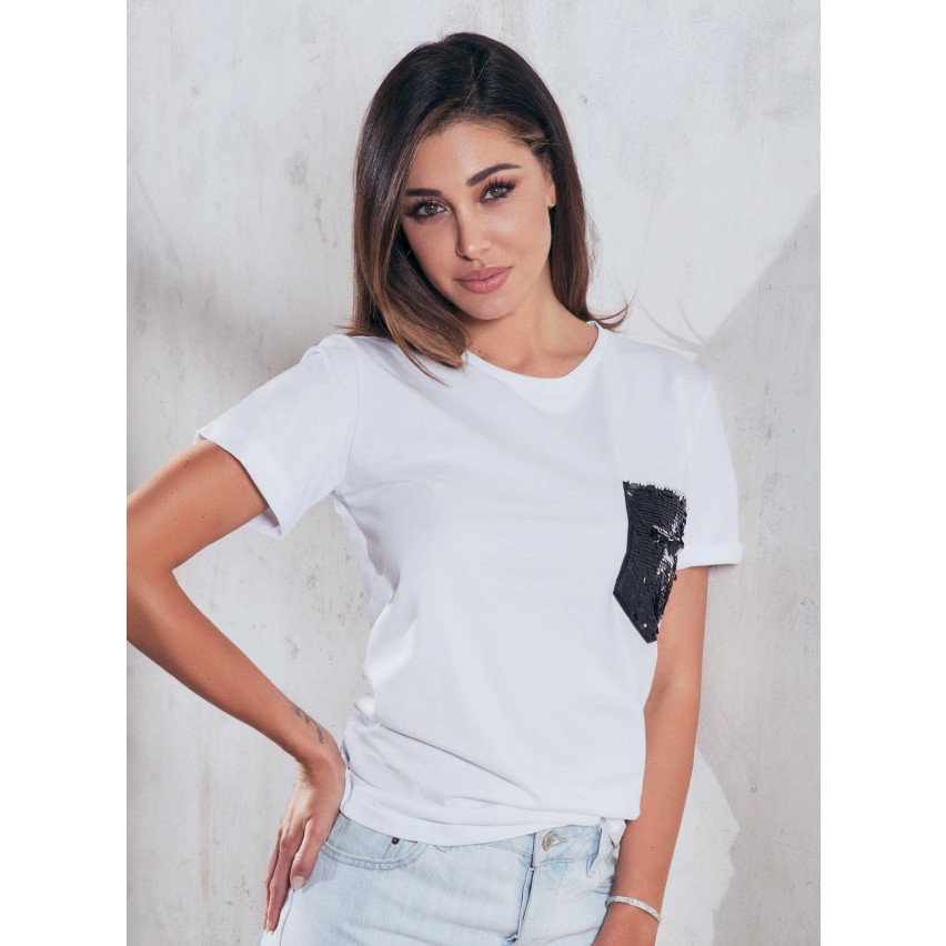 Maglia Jadea 4150 mezza manica 100% cotone taschino pailettes bianca