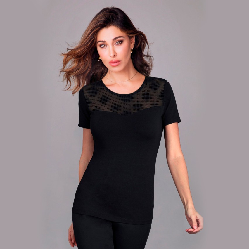 Maglia donna Jadea 4293 moda mezze maniche tulle floccato pois