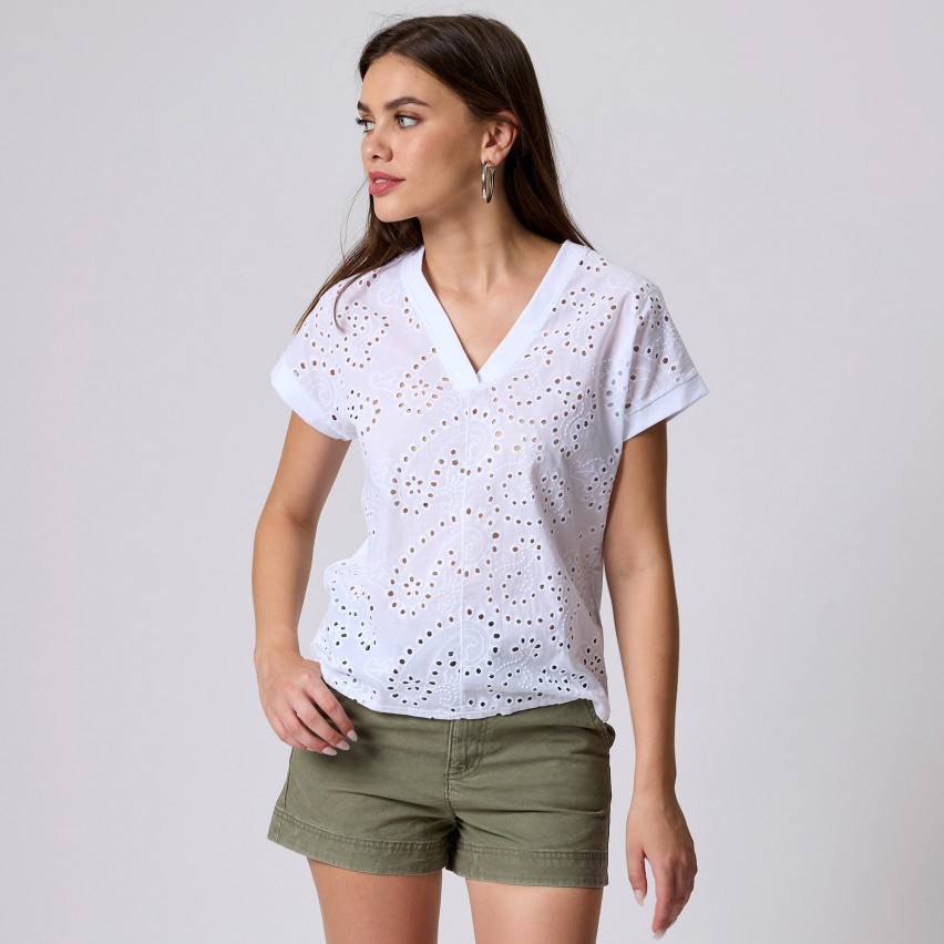 Maglia donna in Cotone con Maniche Corte e Pizzo San Gallo Jadea 4768