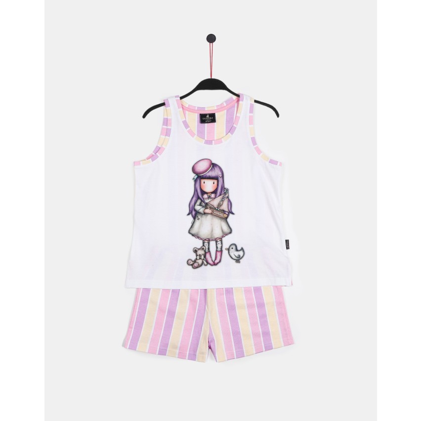 Pigiama bambina estivo corto Santoro Gorjuss 55627 cotone rigato bianco