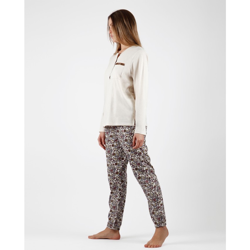 Pigiama donna classico raffinato in caldo cotone sabbia fiori Admas 56154
