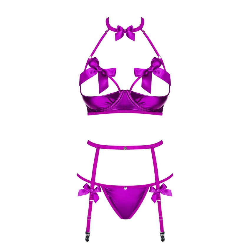 Sexy set Obsessive Delishya mezzo reggiseno perizoma e reggicalze viola 3 pz