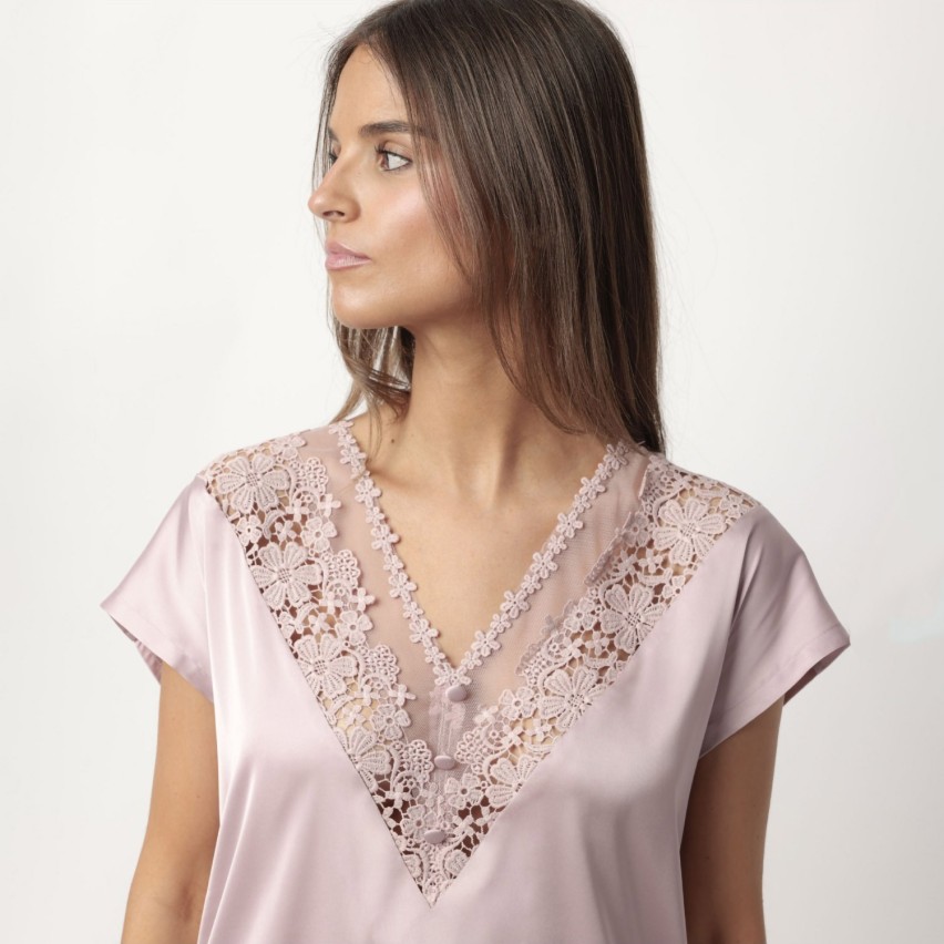 Pigiama donna raso scollo a v con pizzo crochet floreale Admas 63098