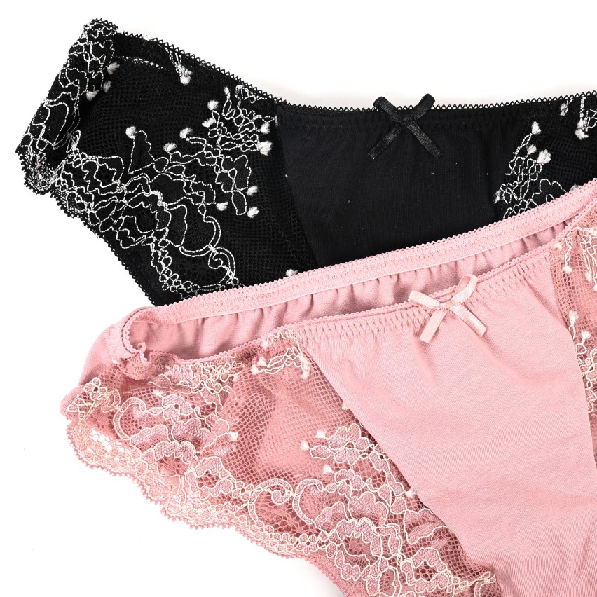 Slip 2 pezzi nero + rosa in cotone elasticizzato con pizzo Jadea 6440