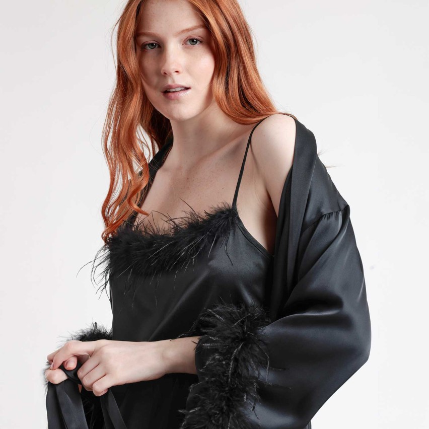 Vestaglia donna raso dettagli piume Admas 67202