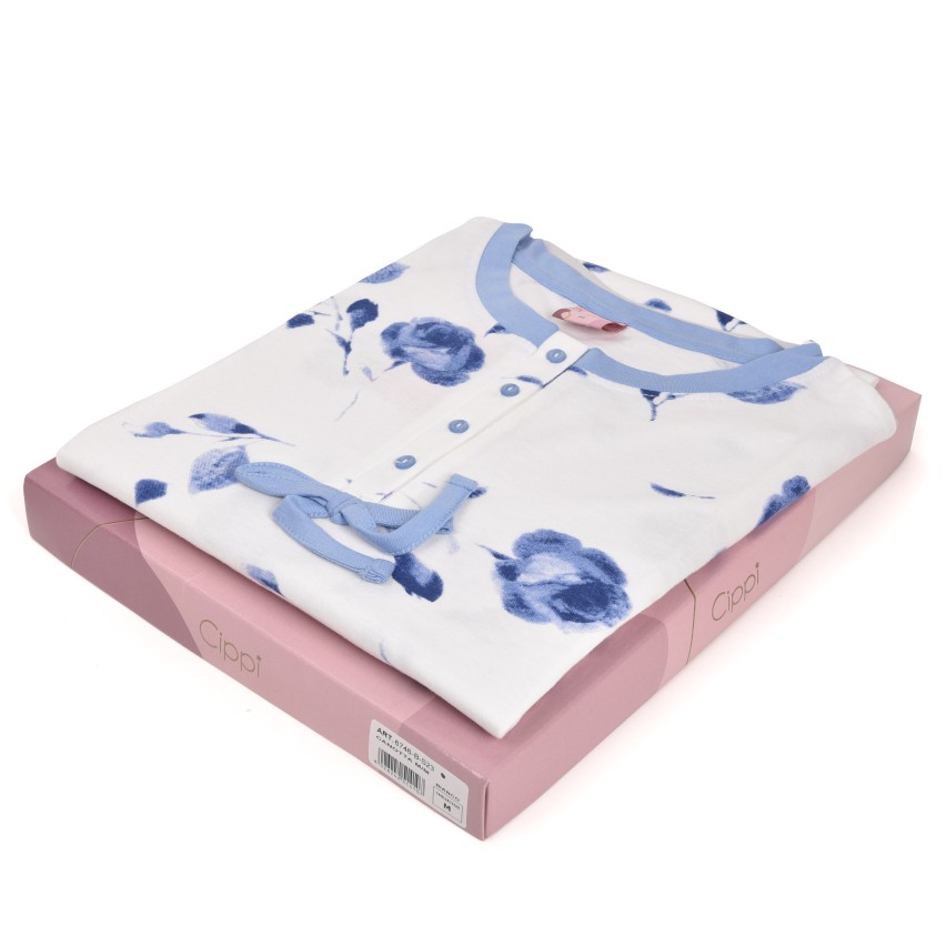 Camicia da notte Cippi 6746-B-S23 estiva 100% cotone panna celeste