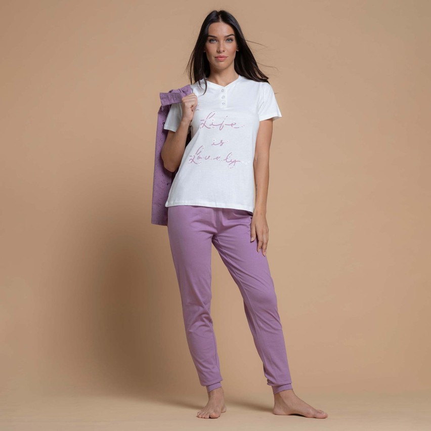 Pigiama donna cotone leggero e pizzo sangallo Biancaluna 26D91068 3 pezzi