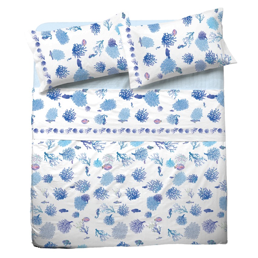 Completo letto Pompea Oceano lenzuola sopra sotto con angoli federa blu