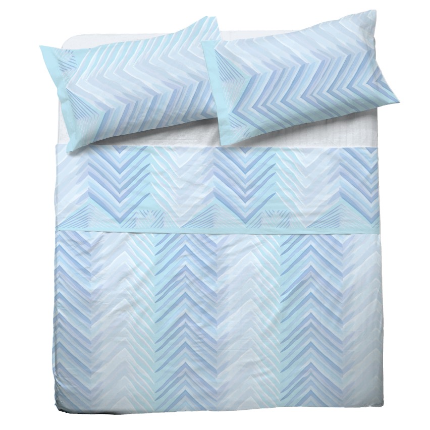 Completo letto Pompea Zigzag lenzuola sopra sotto con angoli federa blu