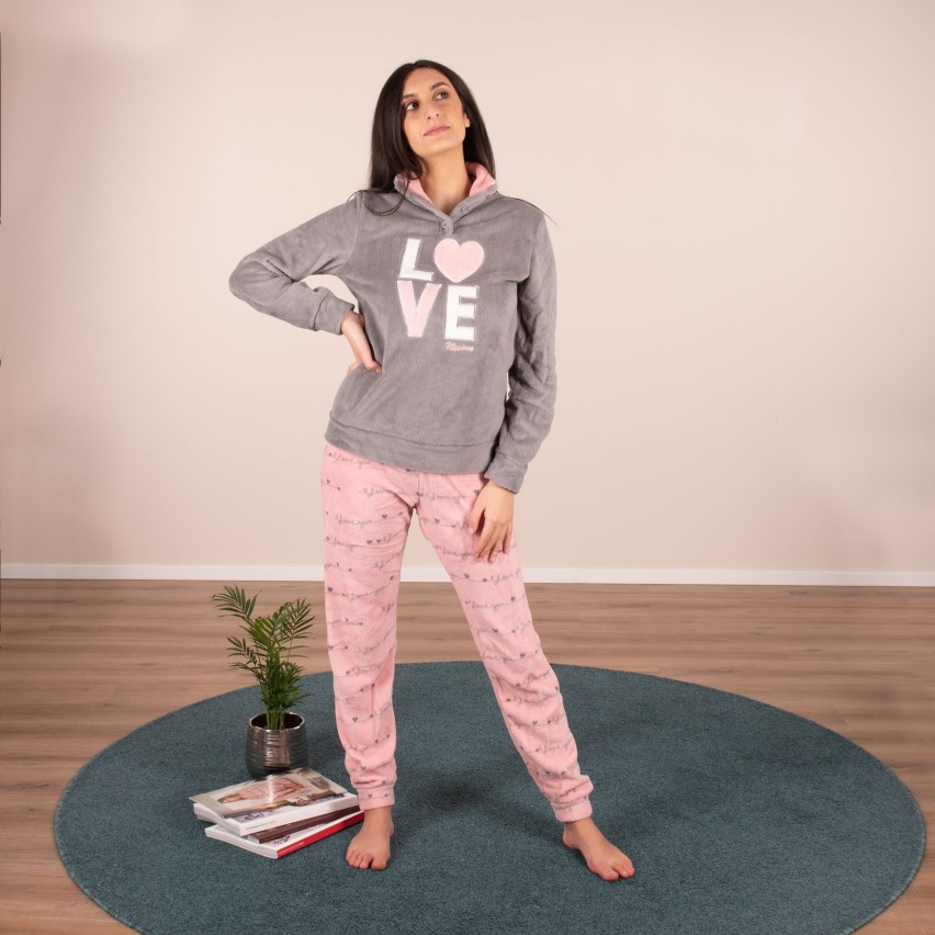 Pigiama donna caldissimo coral fleece Biancaluna Kissimo 33010 rosa grigio