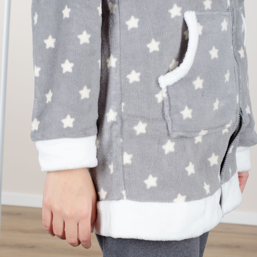 Giacca da camera coral fleece cappuccio Biancaluna D33006 grigio