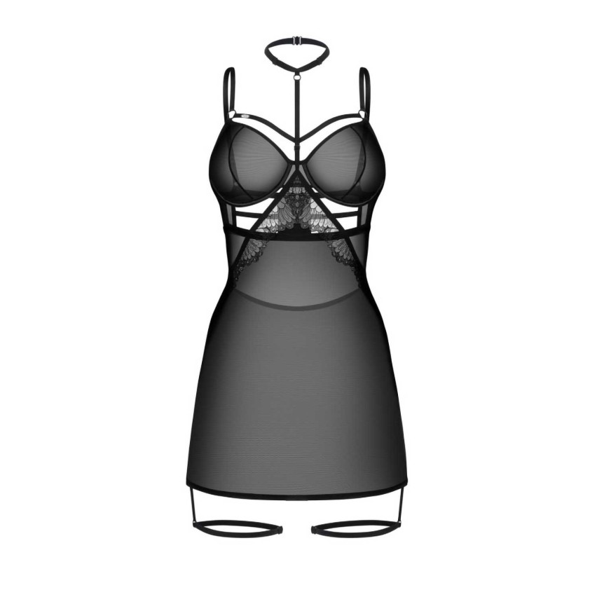 Chemise sexy trasparente con choker e laccetti coscia Obsessive Arrowel Black