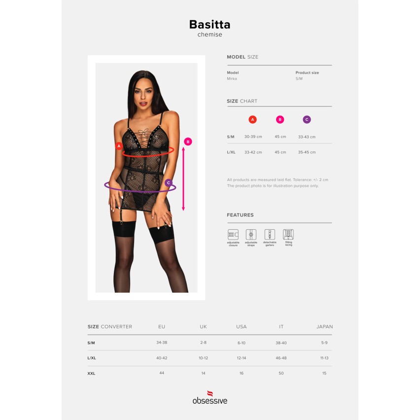 Chemise in sexy pizzo rete + reggicalze removibile + perizoma Obsessive Basitta