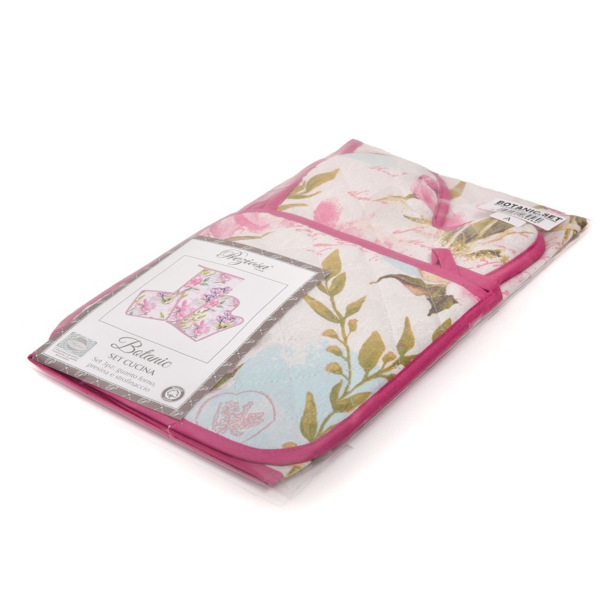 Strofinaccio guanto presina Set 3 pz cucina Preziosa Botanic fucsia A