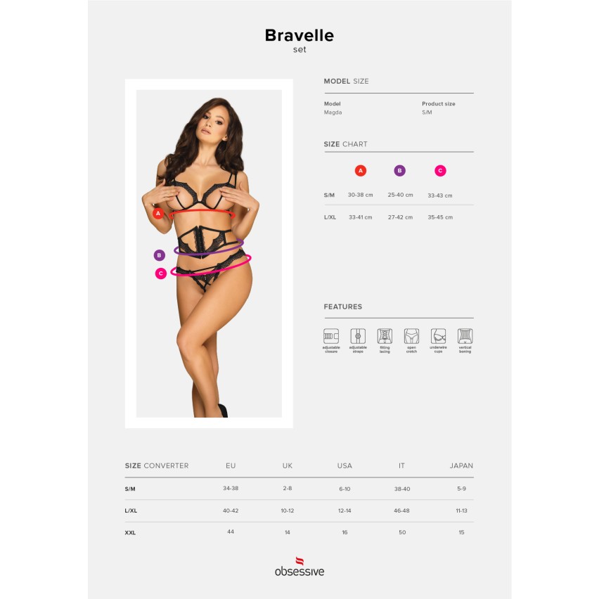 Sexy coordinato aperto donna Obsessive Bravelle set da 3 pezzi 