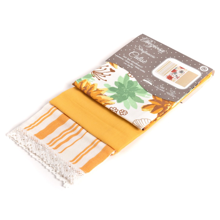 Set da 3 strofinacci Preziosa Calisè W01 B fiori giallo cotone