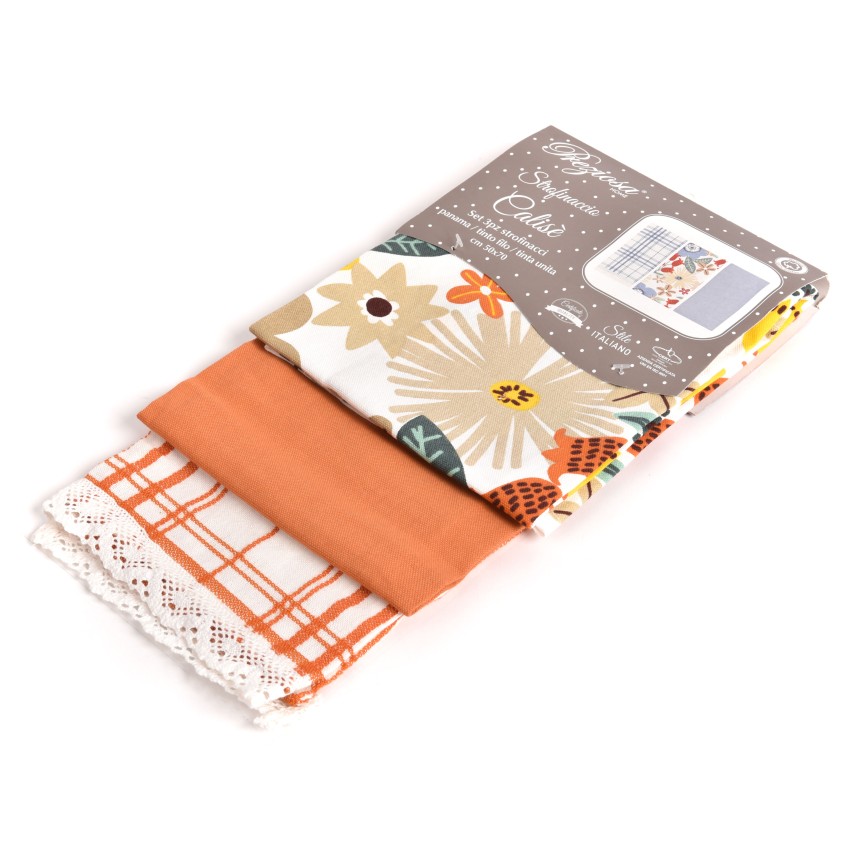 Set da 3 strofinacci Preziosa Calisè W01 D fiori arancio cotone