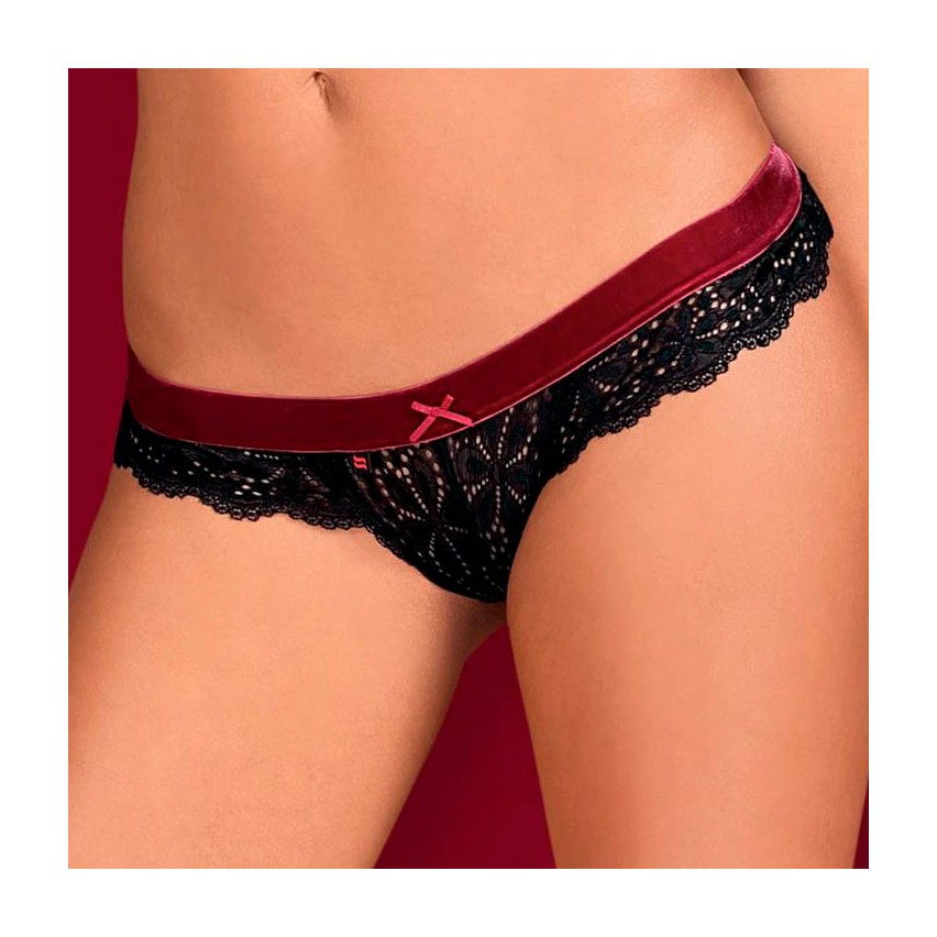 Sexy perizoma Obsessive Rossita Thong nero con fascia bordeaux