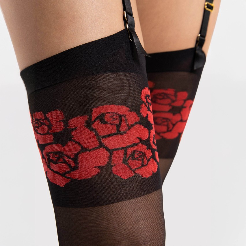 Calze per reggicalze 20 denari balza con rose rosse Fiore Destin