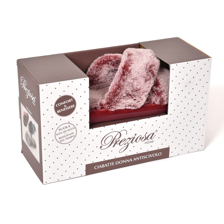Pantofole donna incrocio di pelliccia soffice Preziosa 0049 bordeaux