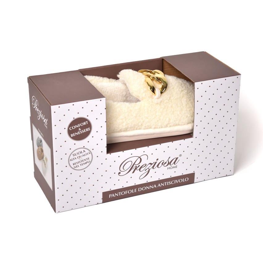 Pantofole tessuto teddy mocassino casa calde catena oro 0071 panna