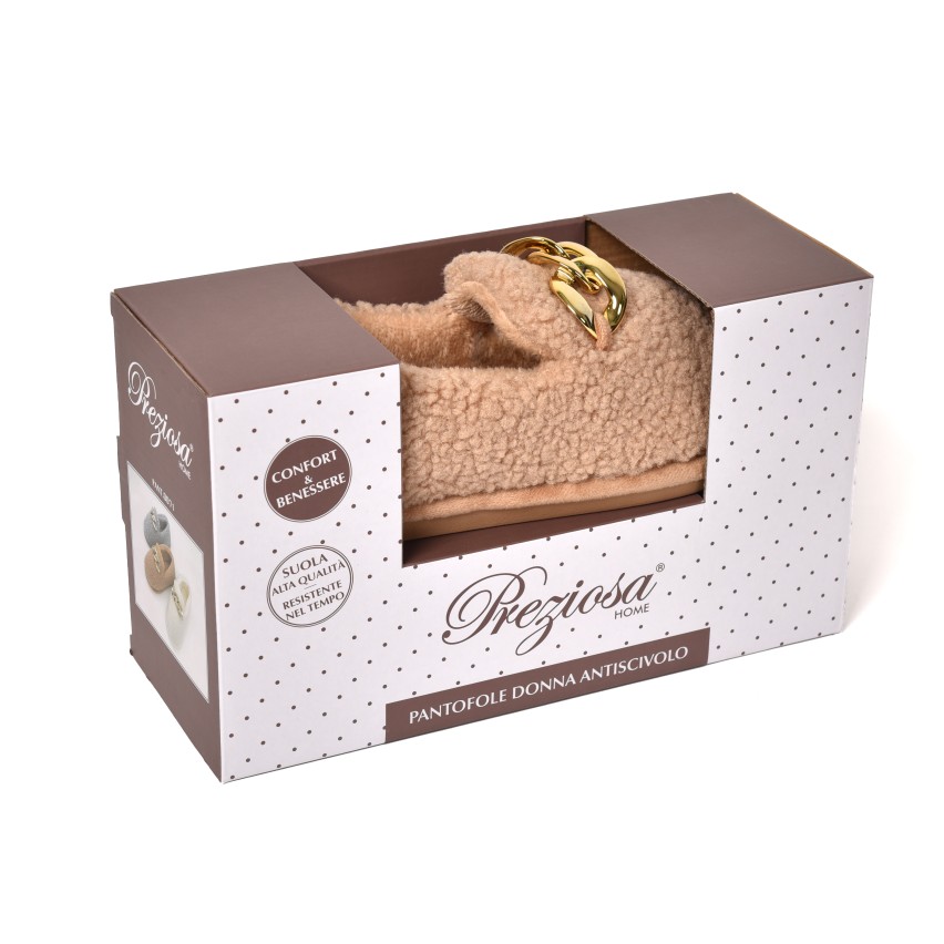 Pantofole tessuto teddy mocassino casa calde catena oro 0071 beige