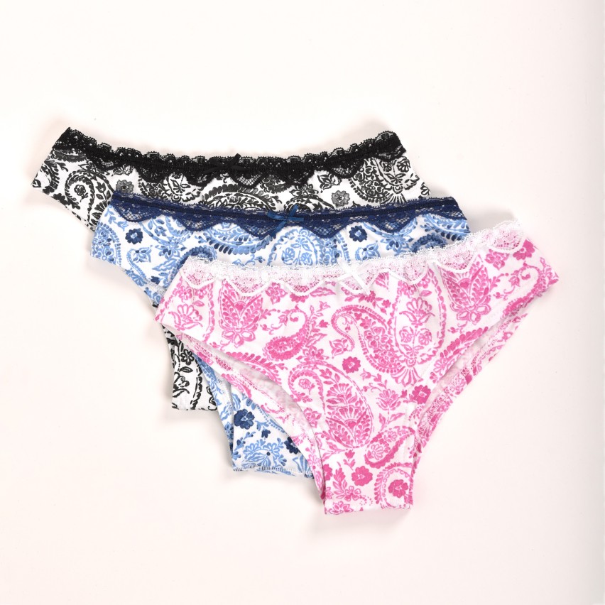 Brasiliane Jadea 6309 motivi floreali blu-fucsia-nero in cotone elasticizzato 3pz