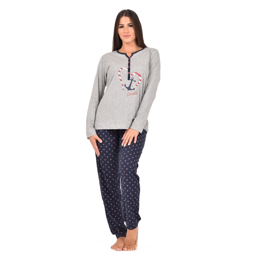 Pigiama donna Lovable L0CPT cotone ancora cuori grigio melange blu