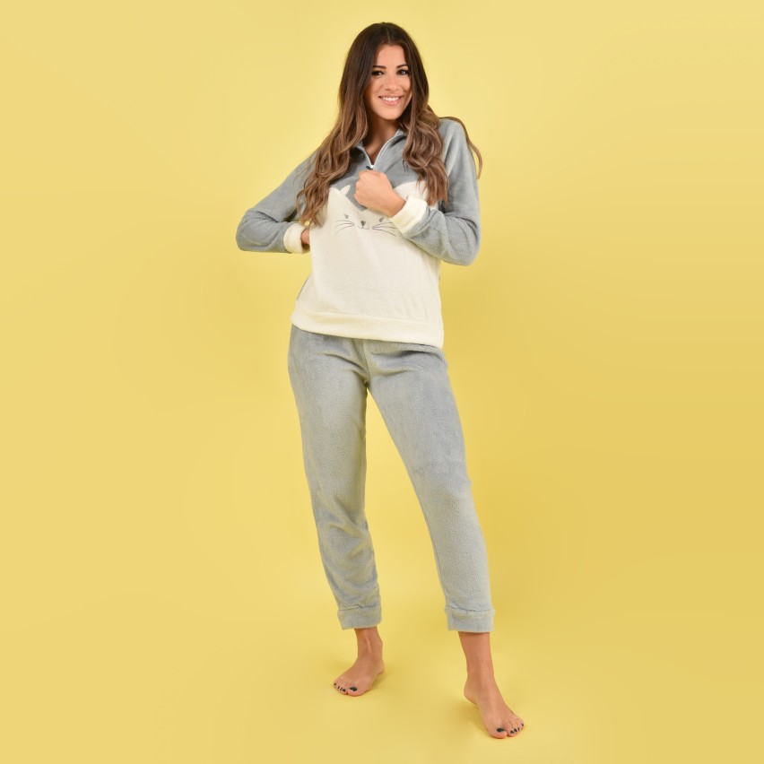 Pigiama donna invernale grigio coral gattino Cippi 2253