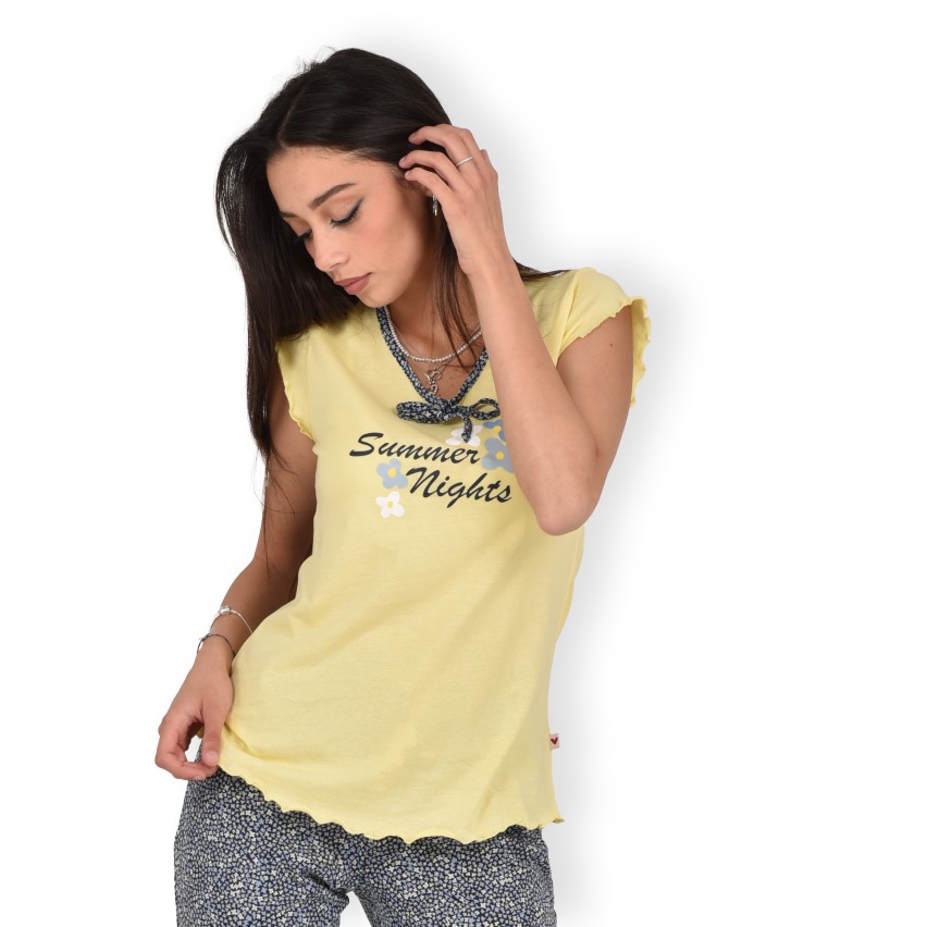 Pigiama donna estivo Lovable L0CPW 100% cotone giallo blu fiori