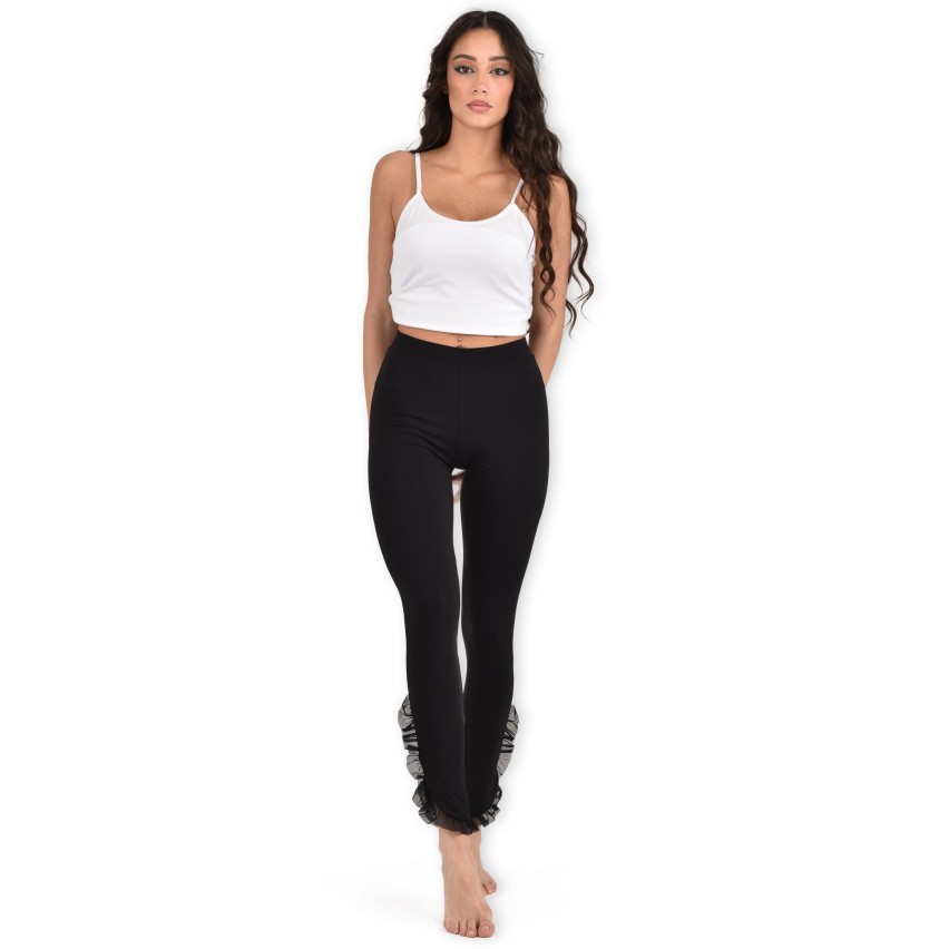 Leggings Jadea 4523 in cotone stretch con spacco laterale e rouge in tulle