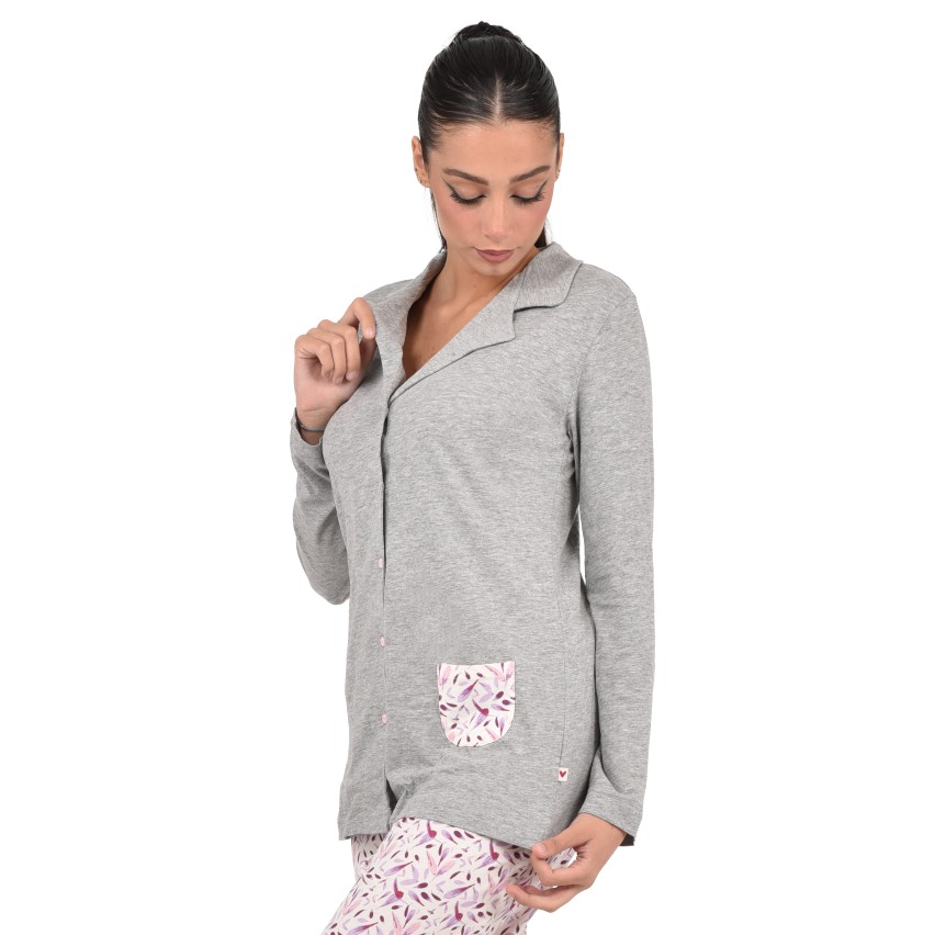 Pigiama donna Lovable L0CPS aperto cotone fiori grigio melange