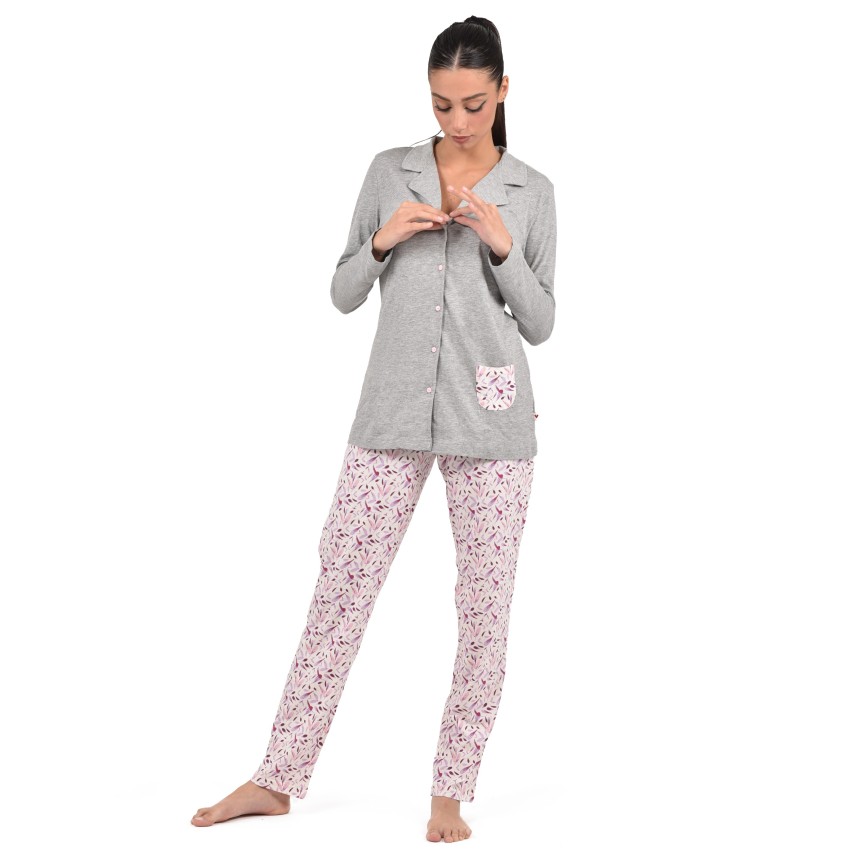 Pigiama donna Lovable L0CPS aperto cotone fiori grigio melange
