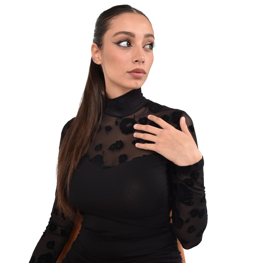 Maglia donna lupetto Jadea 4467 cotone elasticizzato e pizzo nera