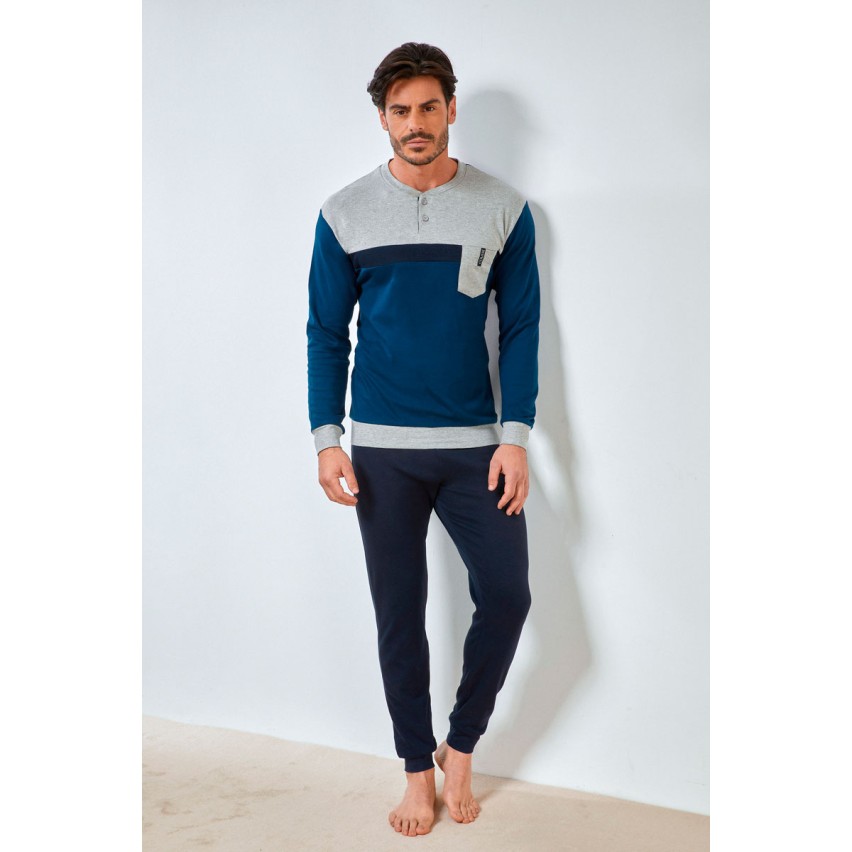 Pigiama Enrico Coveri uomo caldo cotone cobalto grigio taschino EP2091