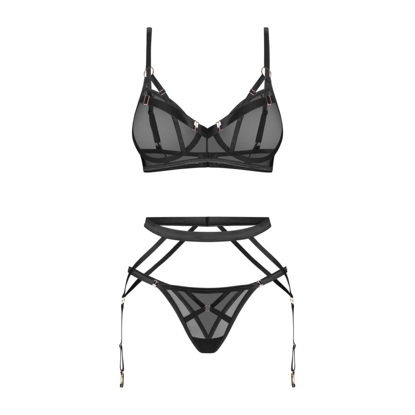 Set sexy 3 pezzi con reggiseno con ferretto, reggicalze e perizoma Obsessive Euridia