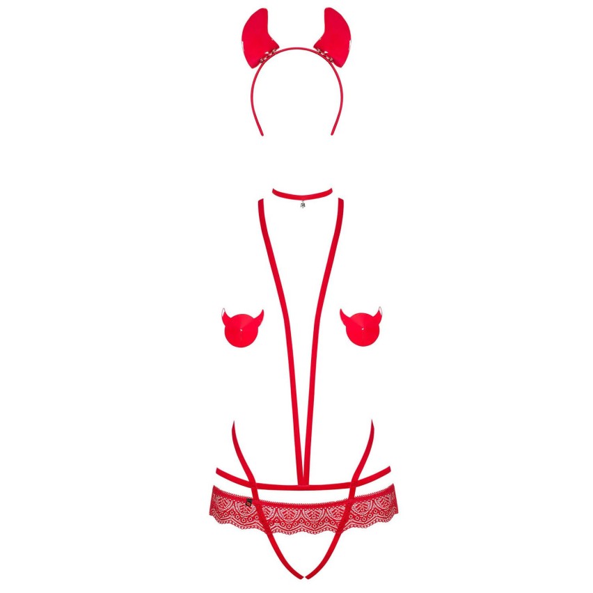 Sexy cotume diavoletto Obsessive Evilia Teddy cavallo aperto rosso 4 pz