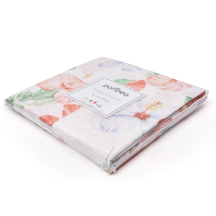Completo letto Pompea Ibisco lenzuola sopra sotto con angoli federa arancio