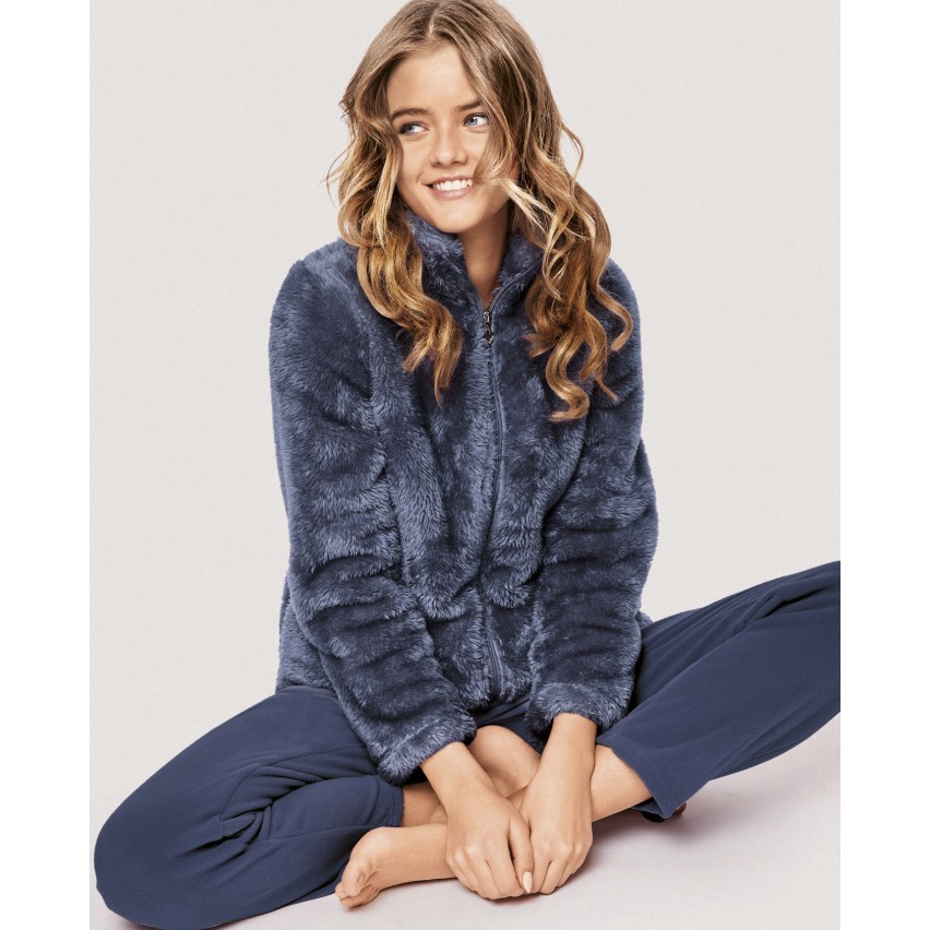 Pigiama donna invernale coral folto collo alto blu infiore FUR0869