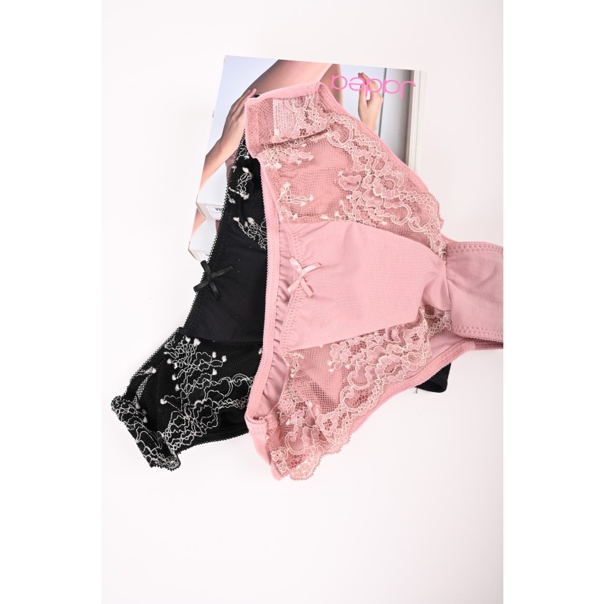 Slip 2 pezzi nero + rosa in cotone elasticizzato con pizzo Jadea 6440