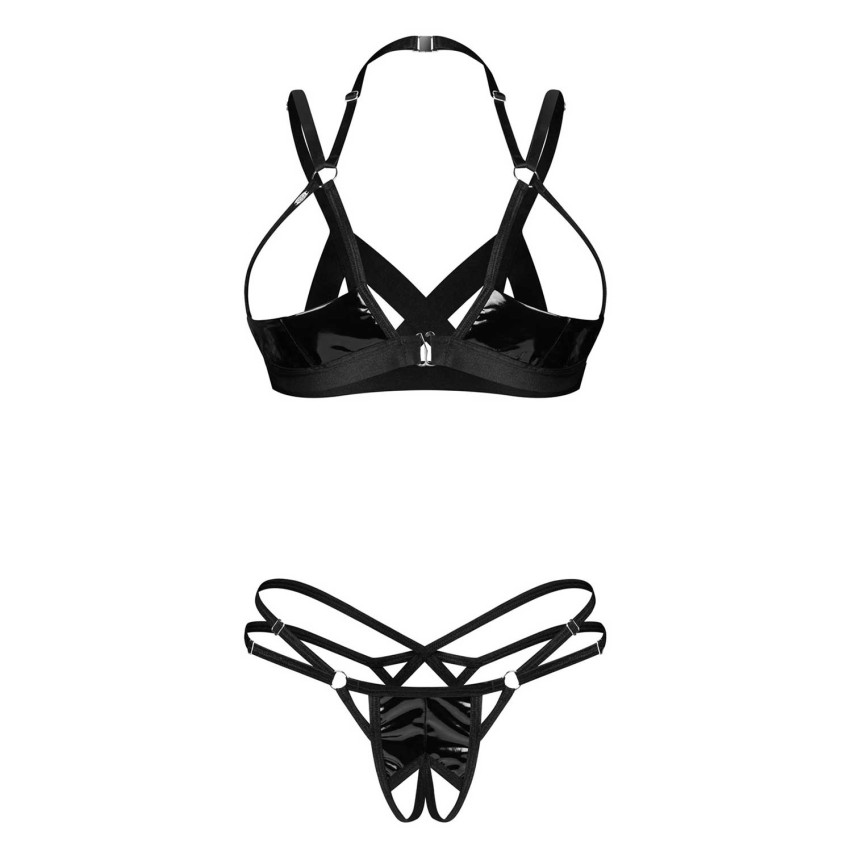 Set sexy effetto latex reggiseno aperto perizoma cavallo aperto Obsessive Keira Lise
