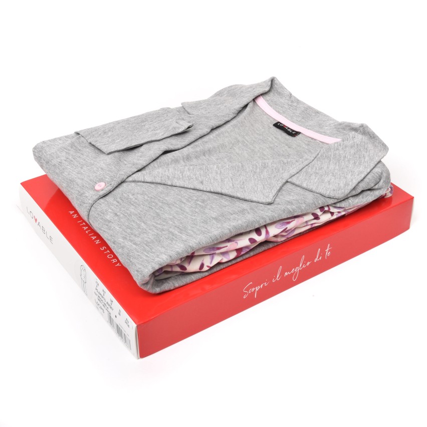 Pigiama donna Lovable L0CPS aperto cotone fiori grigio melange