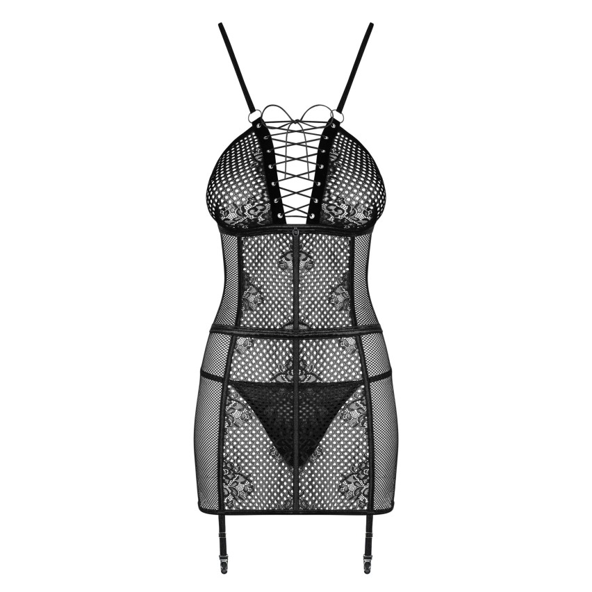 Chemise in sexy pizzo rete + reggicalze removibile + perizoma Obsessive Basitta