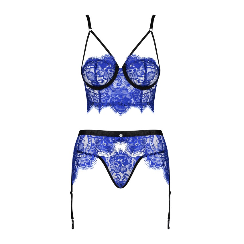 Set sexy corsetto + reggicalze + perizoma Cobaltess 3 pz azzurro
