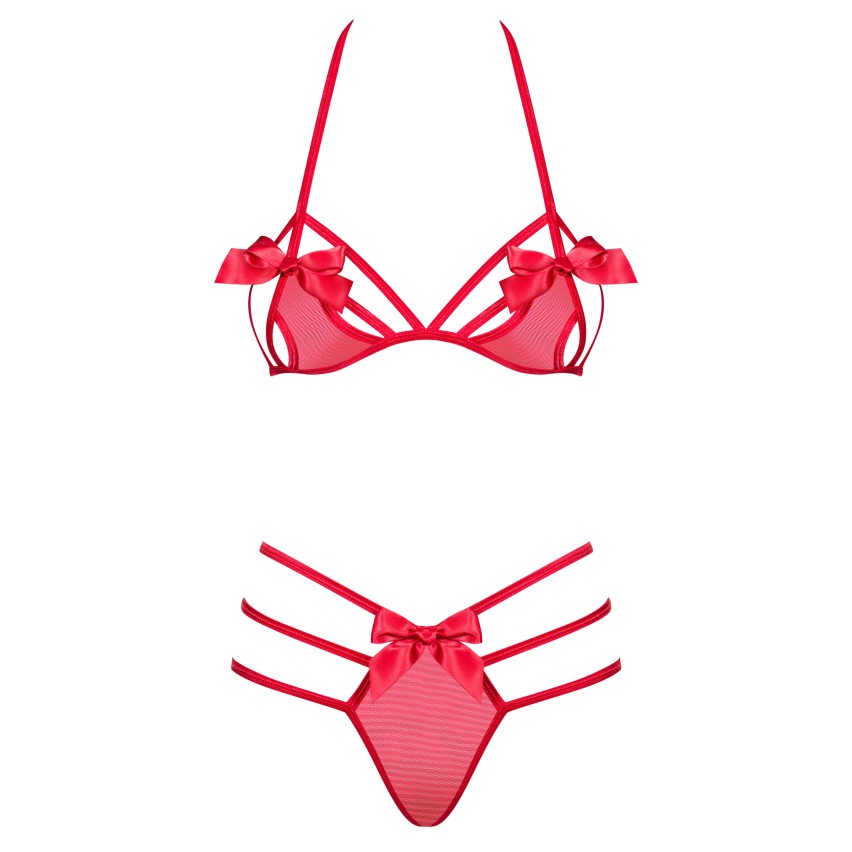 Set sensuale sexy rosso a perizoma con fiocchi e stringhe Giftella 2 pezzi