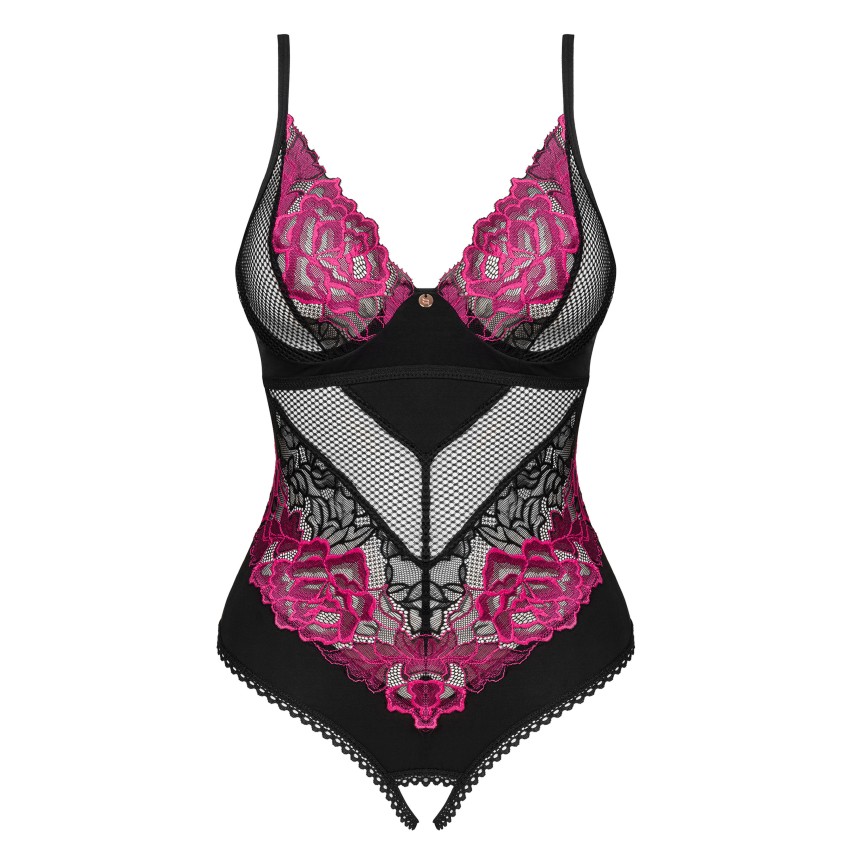 Body teddy sexy pizzo e rete crotchless fucsia Obsessive Rosenty