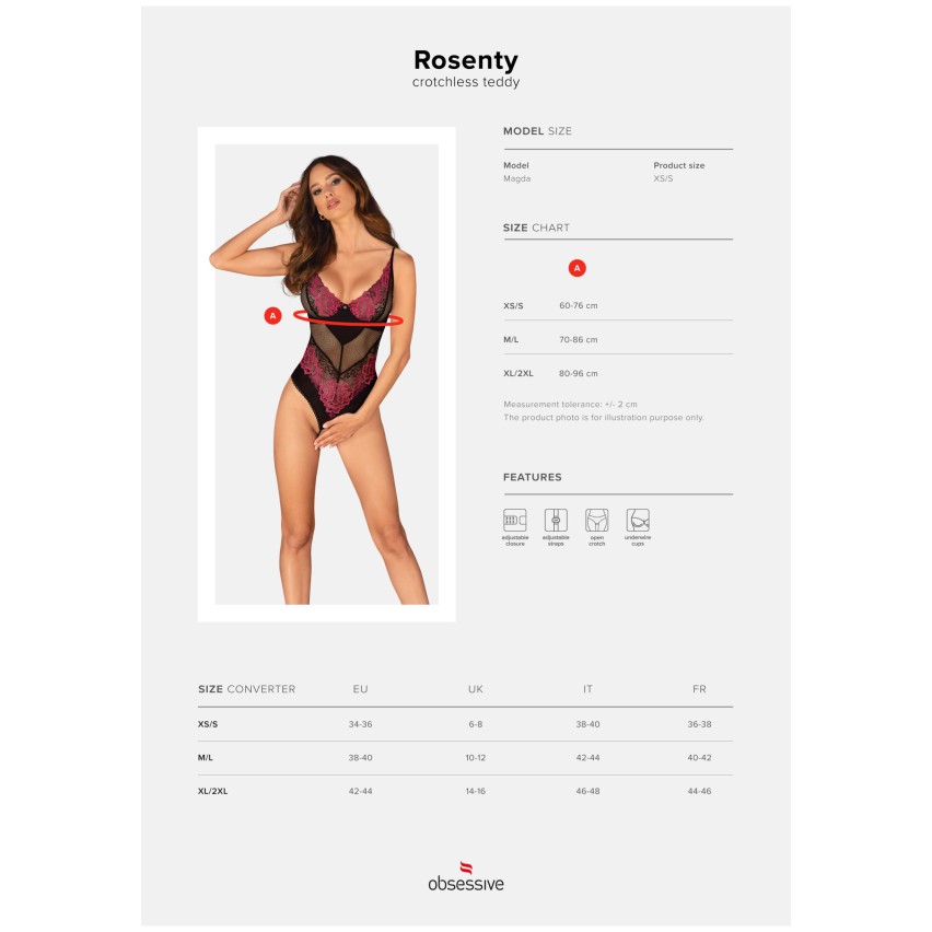 Body teddy sexy pizzo e rete crotchless fucsia Obsessive Rosenty