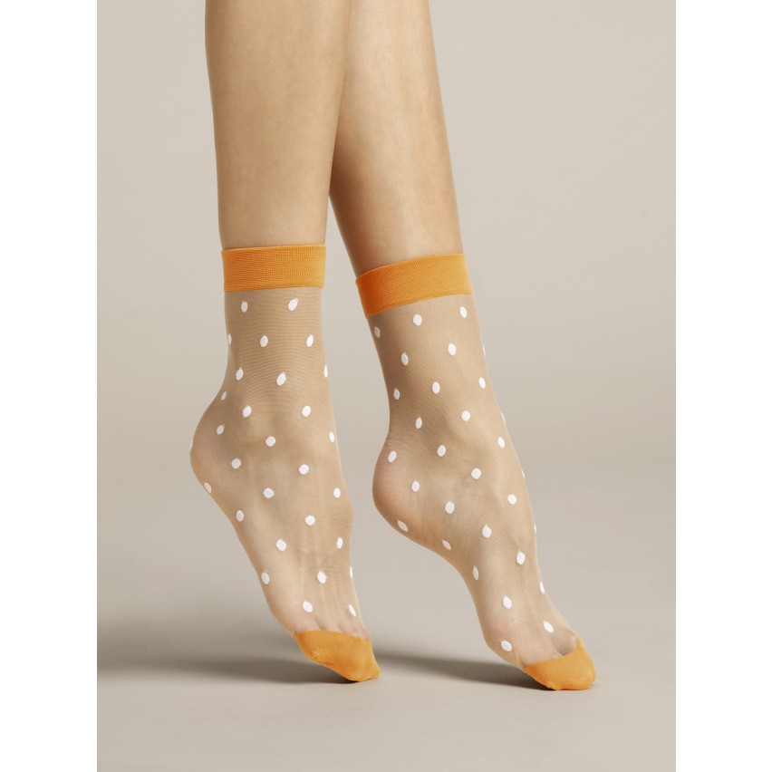Calzino velato 20 den pois bianchi con polsino arancio Fiore Papavero