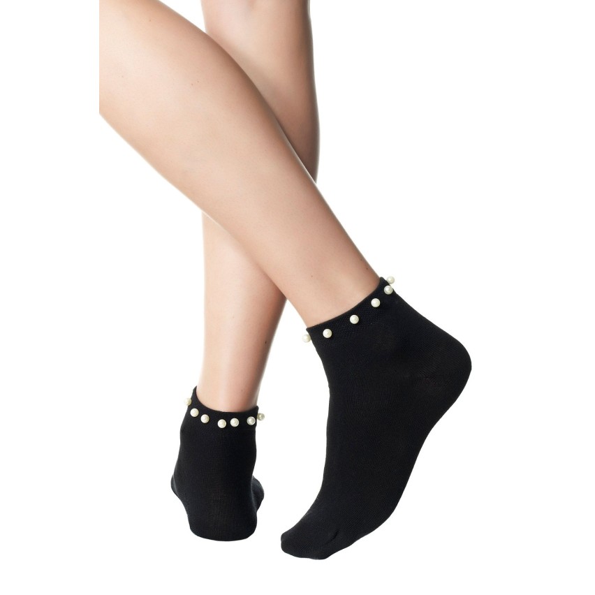 Calzini da donna moda Pompea Perli in cotone con perle nero 