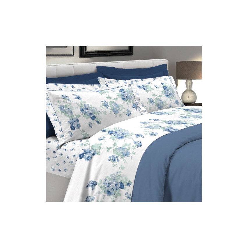 Lenzuola matrimoniali 2 piazze cotone Preziosa Portovenere 5 azzurro fiori